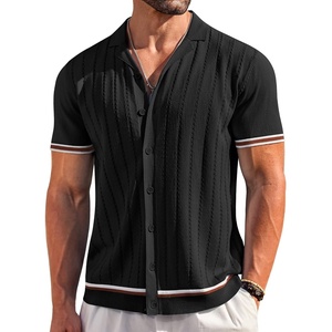 image:imageCOOFANDY Mens Short Sleeve Knit Shirt Casual Button Down Shirt Vintage Striped Knitted Golf Beach TopsBlack