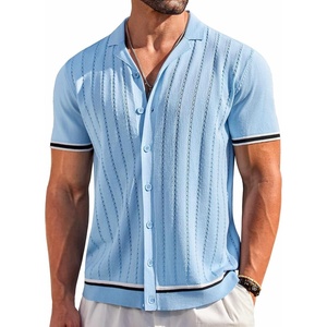 image:imageCOOFANDY Mens Short Sleeve Knit Shirt Casual Button Down Shirt Vintage Striped Knitted Golf Beach TopsClear Blue