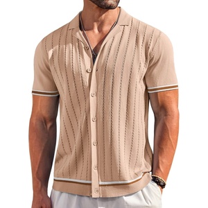 image:imageCOOFANDY Mens Short Sleeve Knit Shirt Casual Button Down Shirt Vintage Striped Knitted Golf Beach TopsKhaki