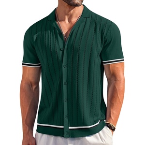 image:imageCOOFANDY Mens Short Sleeve Knit Shirt Casual Button Down Shirt Vintage Striped Knitted Golf Beach TopsLake Green