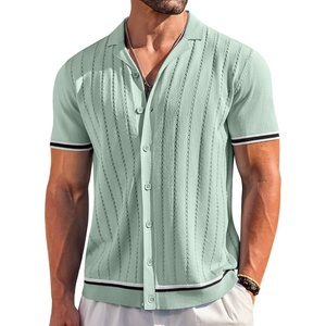image:imageCOOFANDY Mens Short Sleeve Knit Shirt Casual Button Down Shirt Vintage Striped Knitted Golf Beach TopsLight Green