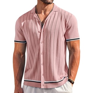 image:imageCOOFANDY Mens Short Sleeve Knit Shirt Casual Button Down Shirt Vintage Striped Knitted Golf Beach TopsLight Pink