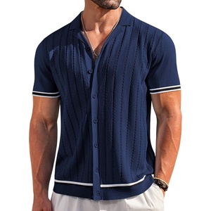 image:imageCOOFANDY Mens Short Sleeve Knit Shirt Casual Button Down Shirt Vintage Striped Knitted Golf Beach TopsNavy Blue