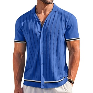 image:imageCOOFANDY Mens Short Sleeve Knit Shirt Casual Button Down Shirt Vintage Striped Knitted Golf Beach TopsRoyal Blue