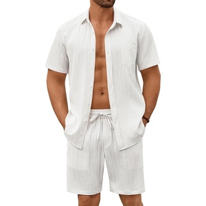 image:imageCOOFANDY Mens Summer Beach Outfits 2 Piece Short Sets Shirts and Shorts Vacation Texture Linen Sets for MenWhite