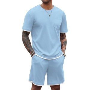 image:imageCOOFANDY Mens Waffle Shirt and Shorts Set 2 Piece Outfits Casual Summer Tracksuits Set with PocketsLight Blue