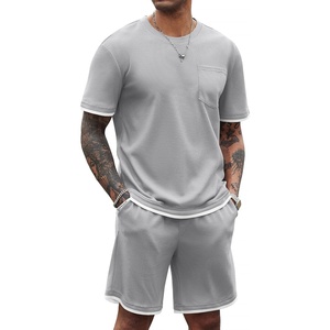 image:imageCOOFANDY Mens Waffle Shirt and Shorts Set 2 Piece Outfits Casual Summer Tracksuits Set with PocketsLight Grey