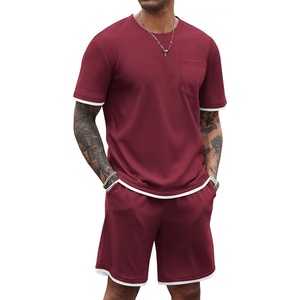 image:imageCOOFANDY Mens Waffle Shirt and Shorts Set 2 Piece Outfits Casual Summer Tracksuits Set with PocketsWine Red