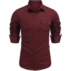 image:imageCOOFANDY Mens Western Cowboy Shirts Long Sleeve Cotton Casual Button Down Work Shirt with PocketsSolid Wine Red