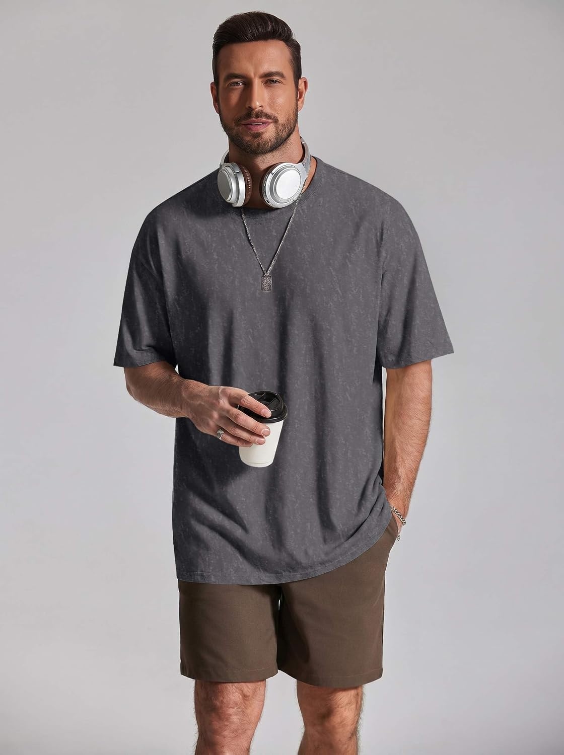 image:imageCOOFANDY Mens Oversized T Shirt Loose Fit Vintage Washed Tee Casual Streetwear Unisex Short Sleeve Heavy Cotton TopDeep Grey