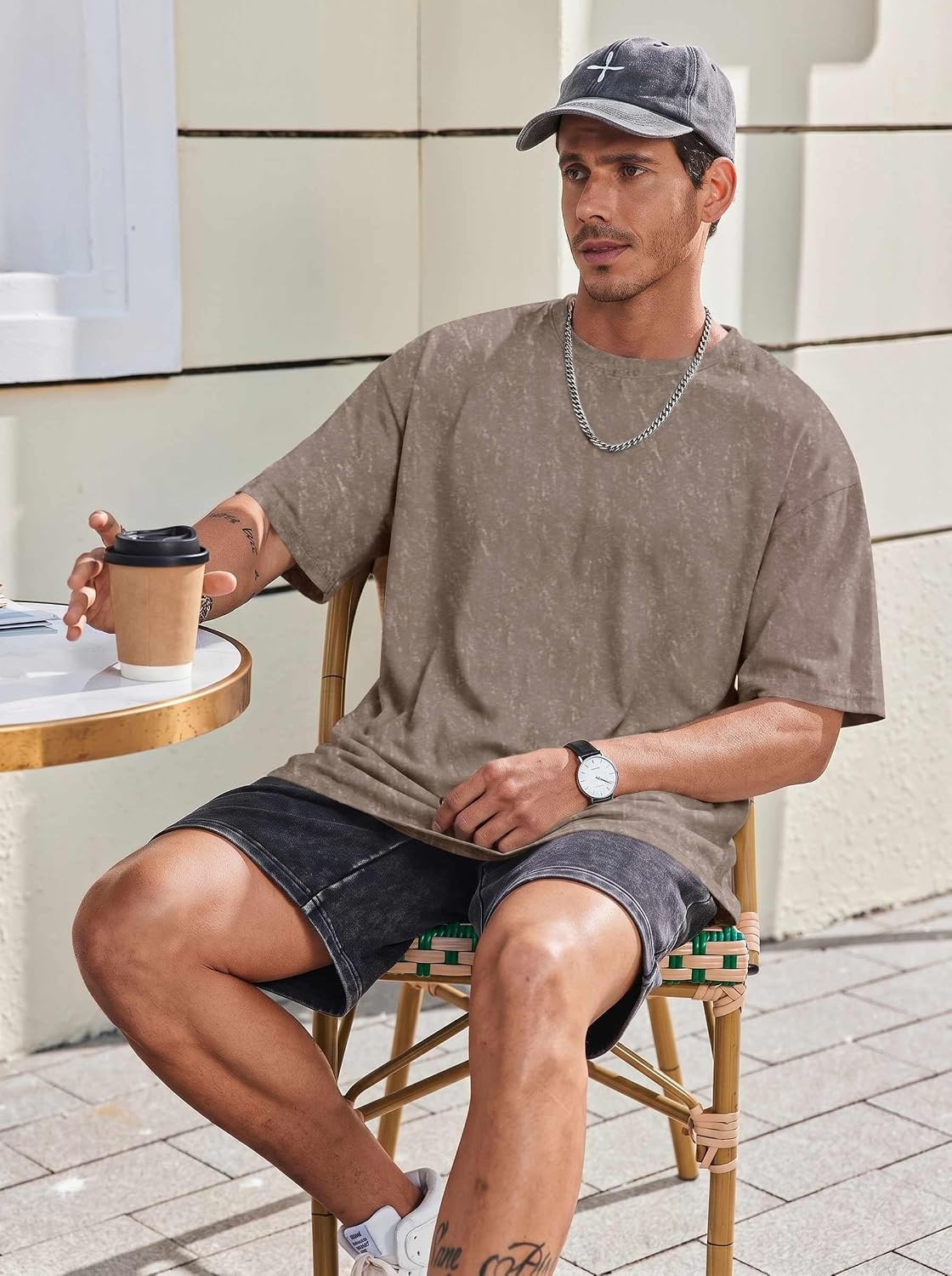 image:imageCOOFANDY Mens Oversized T Shirt Loose Fit Vintage Washed Tee Casual Streetwear Unisex Short Sleeve Heavy Cotton TopKhaki