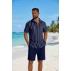 image:imageCOOFANDY Mens 2 Piece Outfit Casual Short Sleeve Button Down Shirt and Beach Shorts Set Summer Vacation Outfits for MenDark Blue Stripe