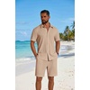 image:imageCOOFANDY Mens 2 Piece Outfit Casual Short Sleeve Button Down Shirt and Beach Shorts Set Summer Vacation Outfits for MenLight Khaki