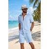 image:imageCOOFANDY Mens 2 Piece Outfit Casual Short Sleeve Button Down Shirt and Beach Shorts Set Summer Vacation Outfits for MenWhite Blue Stripe