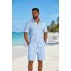 image:imageCOOFANDY Mens 2 Piece Outfit Casual Short Sleeve Button Down Shirt and Beach Shorts Set Summer Vacation Outfits for MenWhite Blue Stripe