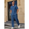 image:imageCOOFANDY Mens 2 Piece Outfits Casual Summer Beach Textured Button Down Shirt Loose Pants SetBlue