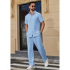 image:imageCOOFANDY Mens 2 Piece Outfits Casual Summer Beach Textured Button Down Shirt Loose Pants SetLight Blue