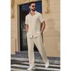 image:imageCOOFANDY Mens 2 Piece Outfits Casual Summer Beach Textured Button Down Shirt Loose Pants SetLight Khaki