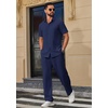 image:imageCOOFANDY Mens 2 Piece Outfits Casual Summer Beach Textured Button Down Shirt Loose Pants SetNavy Blue