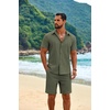 image:imageCOOFANDY Mens 2 Piece Outfits Cuban Guayabera Short Sleeve Shirts and Shorts Summer Beach Vacation Sets for MenArmy Green