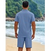 image:imageCOOFANDY Mens 2 Piece Outfits Cuban Guayabera Short Sleeve Shirts and Shorts Summer Beach Vacation Sets for MenDenim Blue