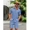 image:imageCOOFANDY Mens 2 Piece Outfits Cuban Guayabera Short Sleeve Shirts and Shorts Summer Beach Vacation Sets for MenDenim Blue