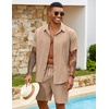 image:imageCOOFANDY Mens 2 Piece Outfits Cuban Guayabera Short Sleeve Shirts and Shorts Summer Beach Vacation Sets for MenKhaki