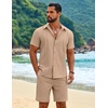 image:imageCOOFANDY Mens 2 Piece Outfits Cuban Guayabera Short Sleeve Shirts and Shorts Summer Beach Vacation Sets for MenKhaki