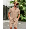 image:imageCOOFANDY Mens 2 Piece Outfits Cuban Guayabera Short Sleeve Shirts and Shorts Summer Beach Vacation Sets for MenKhaki