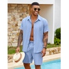 image:imageCOOFANDY Mens 2 Piece Outfits Cuban Guayabera Short Sleeve Shirts and Shorts Summer Beach Vacation Sets for MenLight Blue