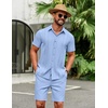 image:imageCOOFANDY Mens 2 Piece Outfits Cuban Guayabera Short Sleeve Shirts and Shorts Summer Beach Vacation Sets for MenLight Blue