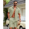 image:imageCOOFANDY Mens 2 Piece Outfits Cuban Guayabera Short Sleeve Shirts and Shorts Summer Beach Vacation Sets for MenLight Green