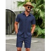 image:imageCOOFANDY Mens 2 Piece Outfits Cuban Guayabera Short Sleeve Shirts and Shorts Summer Beach Vacation Sets for MenNavy Blue