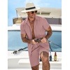 image:imageCOOFANDY Mens 2 Piece Outfits Cuban Guayabera Short Sleeve Shirts and Shorts Summer Beach Vacation Sets for MenPink