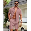 image:imageCOOFANDY Mens 2 Piece Outfits Cuban Guayabera Short Sleeve Shirts and Shorts Summer Beach Vacation Sets for MenPink