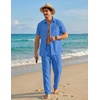 image:imageCOOFANDY Mens 2 Piece Sets Beach Outfits Cotton Short Sleeve Button Down Shirts Loose Pants Summer Vacation Casual OutfitsBlue