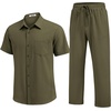 image:imageCOOFANDY Mens 2 Piece Sets Summer Outfits Short Sleeve Button Down Shirt Loose Pant Sets Beach Vacation OutfitsArmy Green