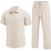 image:imageCOOFANDY Mens 2 Piece Sets Summer Outfits Short Sleeve Button Down Shirt Loose Pant Sets Beach Vacation OutfitsBeige