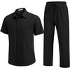 image:imageCOOFANDY Mens 2 Piece Sets Summer Outfits Short Sleeve Button Down Shirt Loose Pant Sets Beach Vacation OutfitsBlack