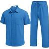 image:imageCOOFANDY Mens 2 Piece Sets Summer Outfits Short Sleeve Button Down Shirt Loose Pant Sets Beach Vacation OutfitsBlue