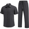 image:imageCOOFANDY Mens 2 Piece Sets Summer Outfits Short Sleeve Button Down Shirt Loose Pant Sets Beach Vacation OutfitsGrey