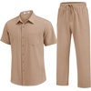 image:imageCOOFANDY Mens 2 Piece Sets Summer Outfits Short Sleeve Button Down Shirt Loose Pant Sets Beach Vacation OutfitsKhaki