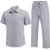 image:imageCOOFANDY Mens 2 Piece Sets Summer Outfits Short Sleeve Button Down Shirt Loose Pant Sets Beach Vacation OutfitsLight Grey