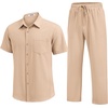 image:imageCOOFANDY Mens 2 Piece Sets Summer Outfits Short Sleeve Button Down Shirt Loose Pant Sets Beach Vacation OutfitsLight Khaki