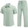 image:imageCOOFANDY Mens 2 Piece Sets Summer Outfits Short Sleeve Button Down Shirt Loose Pant Sets Beach Vacation OutfitsSage Green