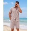 image:imageCOOFANDY Mens 2 Piece Summer Outfit Short Sleeve Casual Beach Button Down Shirts and Shorts Vacation Cotton SetsChampagne Beige
