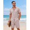 image:imageCOOFANDY Mens 2 Piece Summer Outfit Short Sleeve Casual Beach Button Down Shirts and Shorts Vacation Cotton SetsChampagne Beige