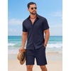 image:imageCOOFANDY Mens 2 Piece Summer Outfit Short Sleeve Casual Beach Button Down Shirts and Shorts Vacation Cotton SetsNavy