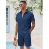image:imageCOOFANDY Mens 2 Pieces Cotton Linen Set Short Sleeve Button Down Shirts Summer Beach Shorts Casual OutfitsNavy Blue