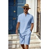 image:imageCOOFANDY Mens 2 Pieces Linen Set Casual Henley Shirts Short Sleeve Beach Yoga Shorts Summer Pants OutfitsBlue